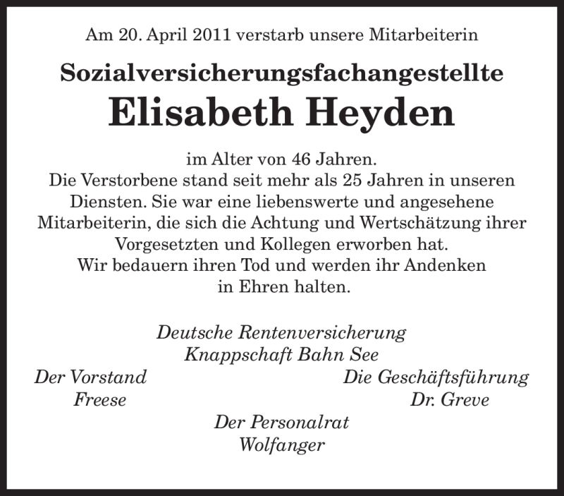  Traueranzeige für Elisabeth Heyden vom 23.04.2011 aus SAARBRÜCKER ZEITUNG