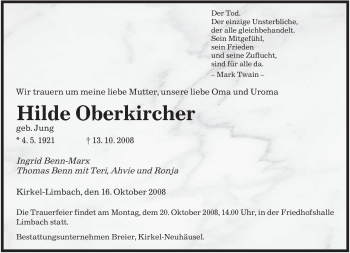 Todesanzeige von Hilde Oberkircher von SAARBRÜCKER ZEITUNG