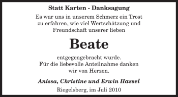 Todesanzeige von Beate Unbekannt von SAARBRÜCKER ZEITUNG