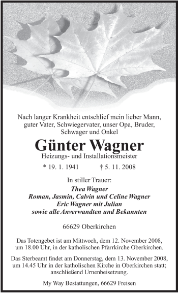 Todesanzeige von Günter Wagner von SAARBRÜCKER ZEITUNG