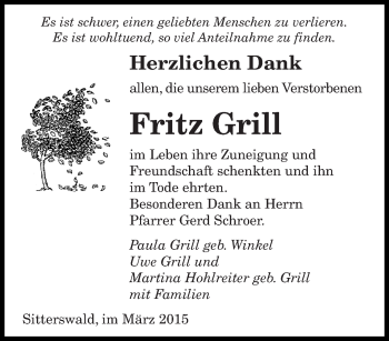 Todesanzeige von Fritz Grill von saarbruecker_zeitung