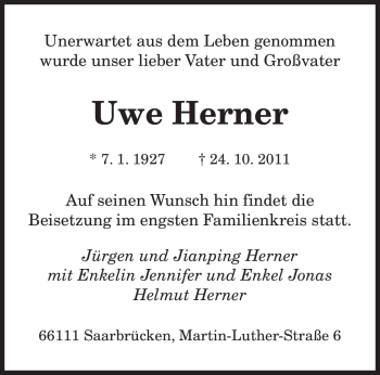 Todesanzeige von Uwe Herner von SAARBRÜCKER ZEITUNG