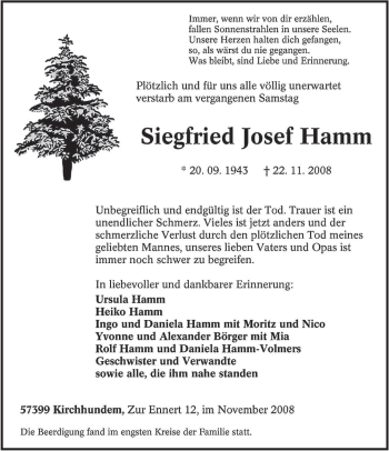 Todesanzeige von Siegfried Josef Hamm von SAARBRÜCKER ZEITUNG