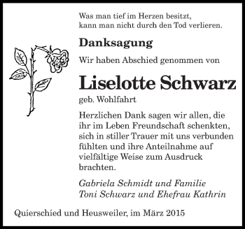 Todesanzeige von Liselotte Schwarz von saarbruecker_zeitung