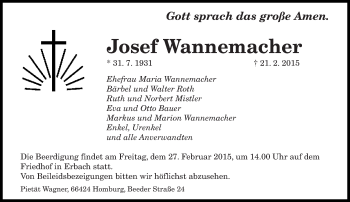 Todesanzeige von Josef Wannemacher von saarbruecker_zeitung