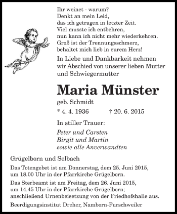 Todesanzeige von Maria Münster von saarbruecker_zeitung