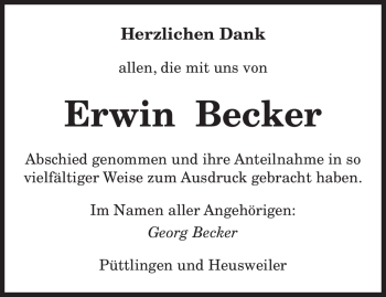 Todesanzeige von Erwin Becker von SAARBRÜCKER ZEITUNG