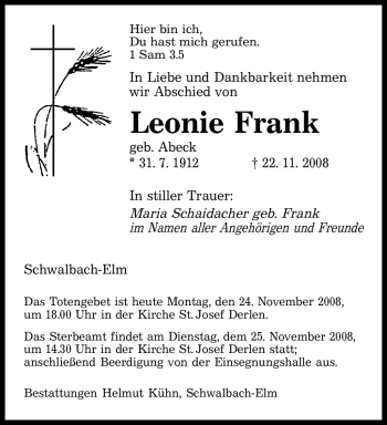 Todesanzeige von Leonie Frank von SAARBRÜCKER ZEITUNG