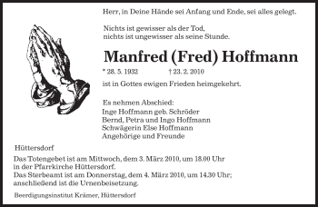 Todesanzeige von Manfred Hoffmann von SAARBRÜCKER ZEITUNG