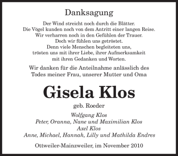 Todesanzeige von Gisela Klos von SAARBRÜCKER ZEITUNG