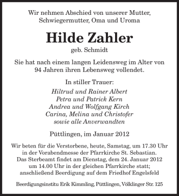 Todesanzeige von Hilde Zahler von SAARBRÜCKER ZEITUNG