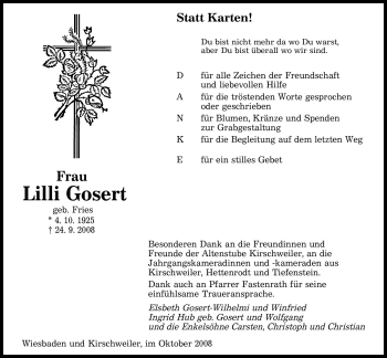 Todesanzeige von Lilli Gosert von SAARBRÜCKER ZEITUNG