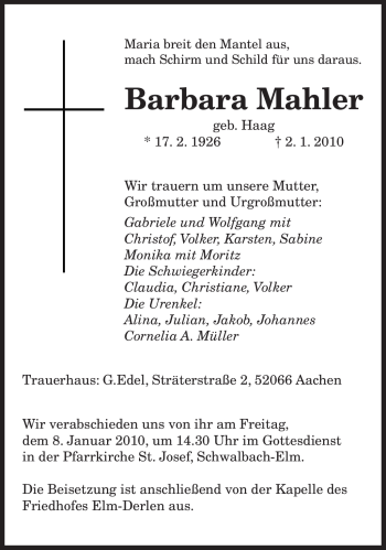 Todesanzeige von Barbara Mahler von SAARBRÜCKER ZEITUNG