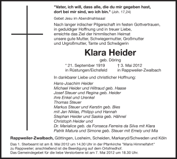 Todesanzeige von Klara Heider von SAARBRÜCKER ZEITUNG