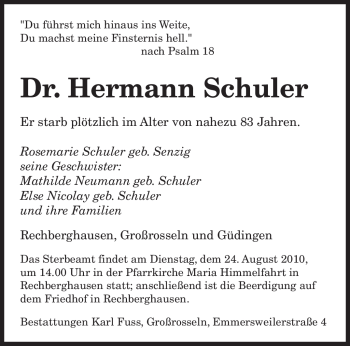 Todesanzeige von Hermann Schuler von SAARBRÜCKER ZEITUNG
