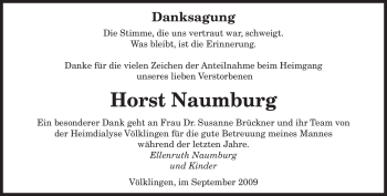 Todesanzeige von Horst Naumburg von SAARBRÜCKER ZEITUNG