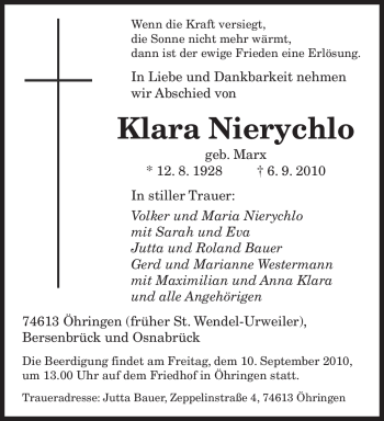 Todesanzeige von Klara Nierychlo von SAARBRÜCKER ZEITUNG
