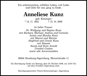 Todesanzeige von Anneliese Kunz von SAARBRÜCKER ZEITUNG