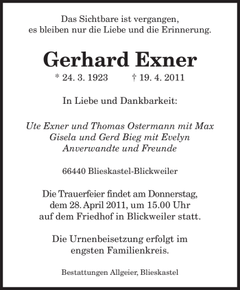 Todesanzeige von Gerhard Exner von SAARBRÜCKER ZEITUNG