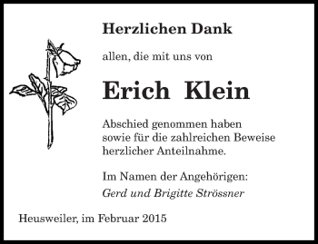 Todesanzeige von Erich Klein von saarbruecker_zeitung