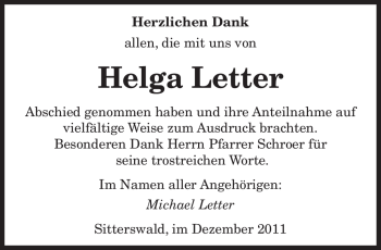 Todesanzeige von Helga Letter von SAARBRÜCKER ZEITUNG