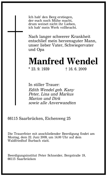 Todesanzeige von Manfred Wendel von SAARBRÜCKER ZEITUNG