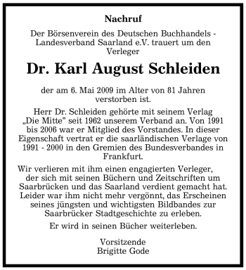 Todesanzeige von Karl August Schleiden von SAARBRÜCKER ZEITUNG