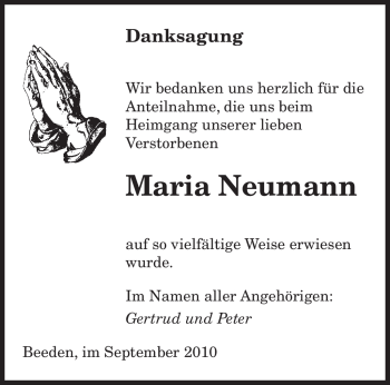 Todesanzeige von Maria Neumann von SAARBRÜCKER ZEITUNG