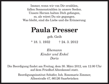 Todesanzeige von Paula Presser von SAARBRÜCKER ZEITUNG
