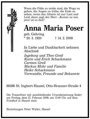 Todesanzeige von Anna Maria Poser von SAARBRÜCKER ZEITUNG