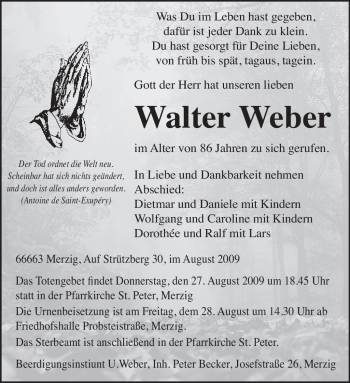 Todesanzeige von Walter Weber von SAARBRÜCKER ZEITUNG