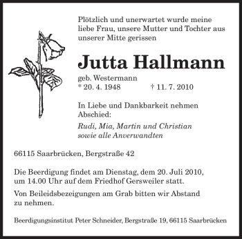 Todesanzeige von Jutta Hallmann von SAARBRÜCKER ZEITUNG