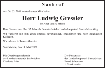 Todesanzeige von Ludwig Gressler von SAARBRÜCKER ZEITUNG