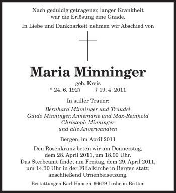 Todesanzeige von Maria Minninger von SAARBRÜCKER ZEITUNG