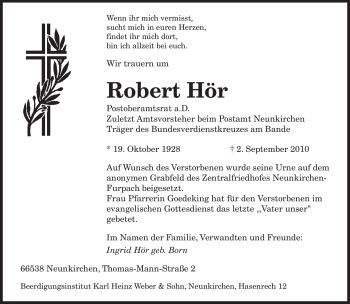 Todesanzeige von Robert Hör von SAARBRÜCKER ZEITUNG