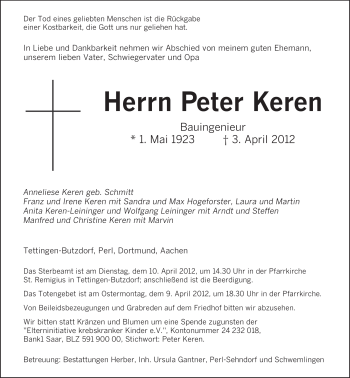 Todesanzeige von Peter Keren von SAARBRÜCKER ZEITUNG