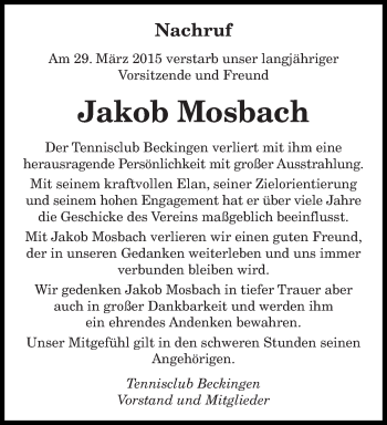 Todesanzeige von Jakob Mosbach von saarbruecker_zeitung