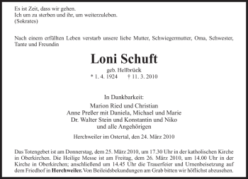Todesanzeige von Loni Schuft von SAARBRÜCKER ZEITUNG