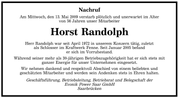 Todesanzeige von Horst Randolph von SAARBRÜCKER ZEITUNG