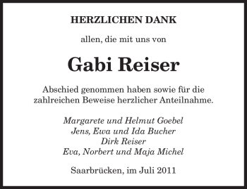 Todesanzeige von Gabi Reiser von SAARBRÜCKER ZEITUNG