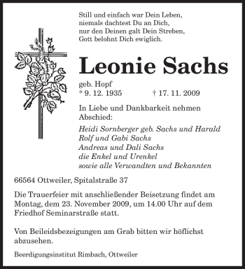 Todesanzeige von Leonie Sachs von SAARBRÜCKER ZEITUNG