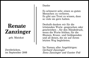 Todesanzeige von Renate Zanzinger von SAARBRÜCKER ZEITUNG