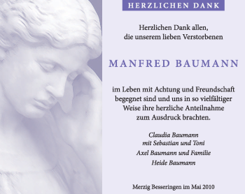 Todesanzeige von Manfred Baumann von SAARBRÜCKER ZEITUNG