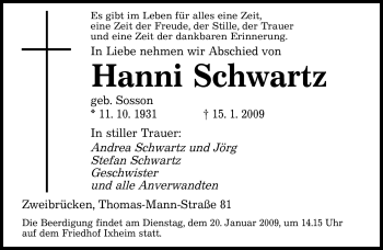 Todesanzeige von Hanni Schwartz von SAARBRÜCKER ZEITUNG