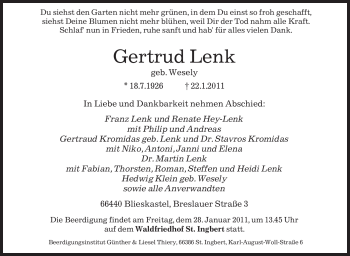 Todesanzeige von Gertrud Lenk von SAARBRÜCKER ZEITUNG