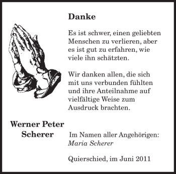 Todesanzeige von Werner Peter Scherer von SAARBRÜCKER ZEITUNG