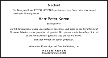 Todesanzeige von Peter Keren von SAARBRÜCKER ZEITUNG