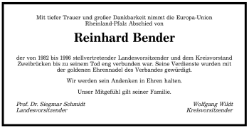 Todesanzeige von Reinhard Bender von SAARBRÜCKER ZEITUNG