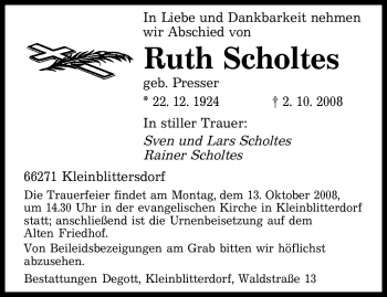 Todesanzeige von Ruth Scholtes von SAARBRÜCKER ZEITUNG