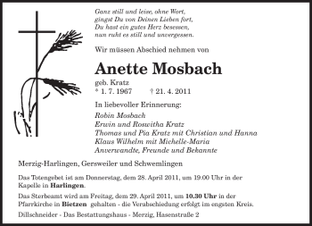 Todesanzeige von Anette Mosbach von SAARBRÜCKER ZEITUNG
